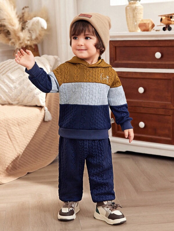 SHEIN Set de 2 piezas de sudadera con capucha y pantalones para niños pequeños y bebés, con diseño a rayas en espiga, casual y acogedor, para la temporada de otoño e invierno