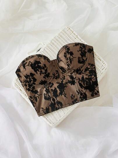 SHEIN Privé Parte superior de malla con flor estampada, elegante y sexy para fiesta, adecuada para boda/compromiso, festival de música/carnaval, ceremonia de graduación (nuevo para otoño/invierno)