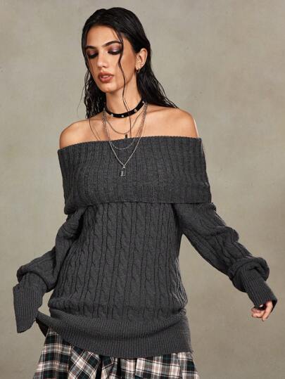 Grunge Punk Office Siren Commuting Style Solid Color Versatile Women's Loose Fit Off The Shoulder Raglan Sweater