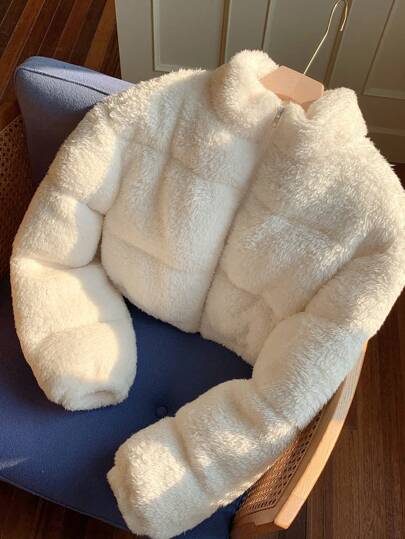 Comfortcana Áo khoác phao cắt ngắn giả lông cừu màu trơn thường ngày cho nữ, mùa đông