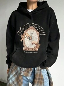 DAZY Women's Patterned Oversized Print Loose Fleece Hoodie Sweatshirt,Winter - Black - View 3