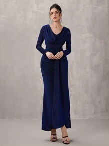 SHEIN Belle 女装时尚秋冬宴会派对公主名媛优雅网红流行连衣裙日常穿着超高弹针织金线面料紧腰提臀修身超长大码连衣裙，领口褶皱设计时尚修身扭纹设计连衣裙，蓝色连衣裙正式晚宴鸡尾酒会礼服，圣诞装，小名媛礼服，舞会半正式礼服，适合生日，婚礼嘉宾，毕业典礼，返校节 - 彩色 - 查看 7