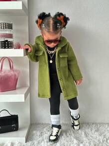 SHEIN Toddler Girls Warm Fleece Long Jacket, Suitable For Outings, Autumn/Winter - Olive Green - View 4