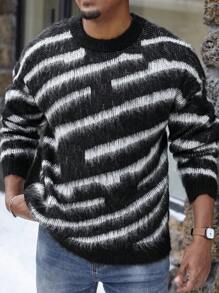 Manfinity Homme Plus Size Men's Striped Print Crew Neck Casual Pullover Sweater - Multicolor - View 3