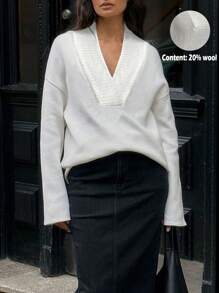 SHEIN LUNE 1 Stück Damen Weiß Lässig V-Ausschnitt Wollpullover, geeignet für Herbst/Winter