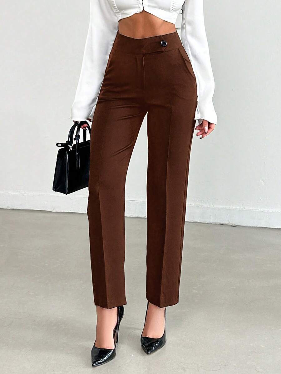EURMUSE Women's Plain Button And Zipper Closure Straight Leg Pants - Brown - View 1