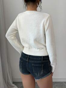 Chiquease Áo len dệt kim kiểu dáng trái tim thắt dây, nơ ruy băng họa tiết kẻ caro, thời trang Thu/Đông 2024. - Màu be - Xem 2