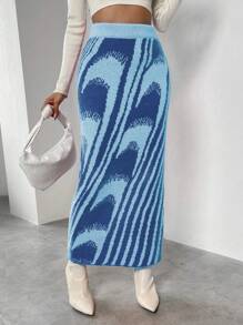 Chiquease 1pc Women's Striped Long Casual/Office Wear Knitted Skirt, Autumn/Winter - Multicolor - View 6