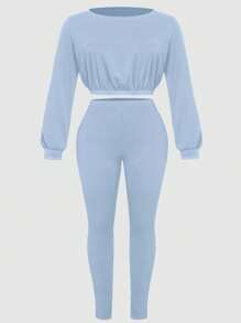 Slaydiva Plus Size Casual Solid Blue Short-Length Boat Neck Loose-Waist Top With Long Sleeves And High-Waisted Slim Fit Pants Two-Piece Set, Fall/Winter - Blue - View 3