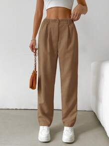 SHEIN EZwear Quần bút chì nhung kẻ đơn sắc cài nút phía trước đơn giản, giản dị dành cho nữ - màu nâu - Xem 3