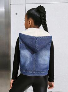 SHEIN Tween 女童蓝色牛仔保暖连帽背心，秋冬款 - 中等水洗藍 - 查看 2