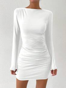 Chiquease Elegant Solid Color Ruched Fitted Mini Dress For Autumn - White - View 4