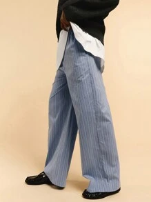 Athîral 阔腿条纹裤，松紧腰，女式慢跑裤 - 藍色 - 查看 6