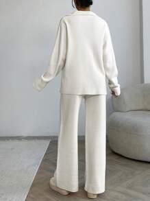 EURMUSE Women Solid Color Collar Neck Front Button Pocket Detailed Pullover & Sweater Pants Set - Beige - View 3