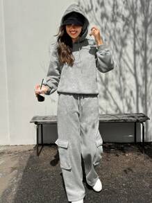 INAWLY Bộ 2 quần nỉ trùm đầu và quần nỉ có dây rút màu trơn thường ngày cho nữ, mùa thu - Màu Xám nhạt - Xem 1