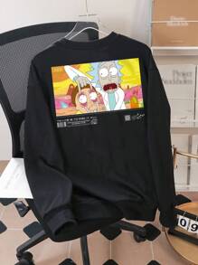 Rick and Morty X SHEIN Men Casual Cartoon Character And Slogan Graphic Oversized Dropped Shoulder Black Pullover Sweatshirt, Spring/Autumn
