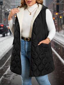 SHEIN Clasi Gourd-Shaped Padded Vest With Pockets, Warm Thermal Lined , Plus Size, Winter