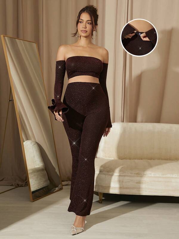 MaterniChic Conjunto de 2 piezas de top bandeau elegante y sexy de malla y pantalones para maternidad, atuendo para sesión fotográfica