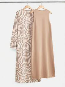 Mulvari Plus Size Jednolity Kolor Okrągły Dekolt Bez Rękawów Prosta Sukienka Z Kardiganem Sweter Zestaw 2 Części Zestaw - Kolor khaki - Zobacz 3