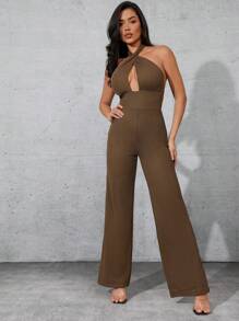 Denimoi Mono de pierna ancha con cuello de halter para mujeres en temporada de otoño - Caqui - Ver 1