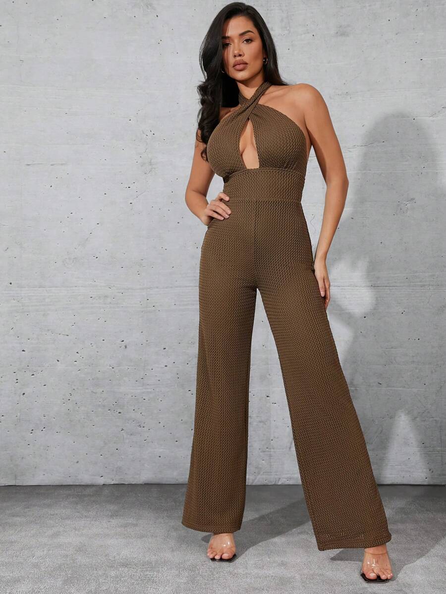 Denimoi Mono de pierna ancha con cuello de halter para mujeres en temporada de otoño - Caqui - Ver 1