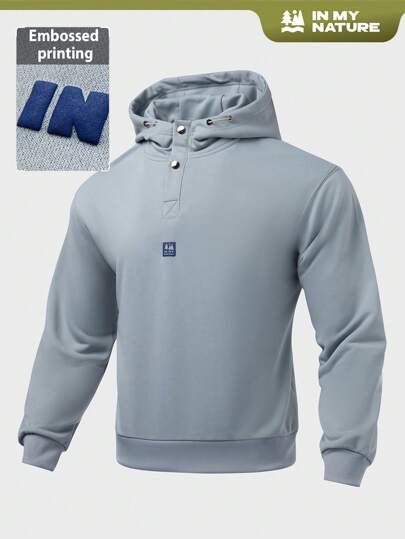 In My Nature Men's Letter Print Half-Button Drawstring Hooded Casual Sports Outdoor Sweatshirt Essentials Hoodie