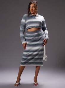 MUSERA Plus Size Light Blue Striped Knit Collared Long Sleeve Cropped Jumper,Autumn Smart Casual School Style,Casual Dailywear Holiday Work Vacation Jumper - Black and White - View 5