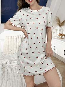 Heart & Polka Dot Print Ruffle Trim Jacquard Short Sleeve T-Shirt Dress - Multicolor - View 6