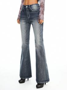 ROMWE Grunge Punk Pantalones vaqueros de tiro bajo, acampanados, con bordado de cruz en la espalda, con efecto desgastado, en estilo retro Y2K - Azul - Ver 2