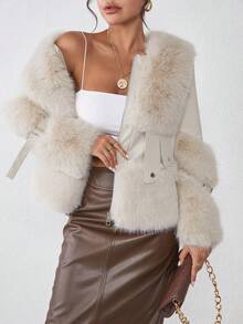 SHEIN Essnce Women Fashion Fuzzy Patchwork Fluffy Jacket For Autumn/Winter Warm Heated Thermal Jacket Cold Weather Snow Women Outfits Holiday - Apricot - View 4