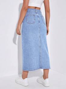 SHEIN ICON Solid Color Pocket Slit Casual Versatile Denim Skirt - Light Wash - View 2