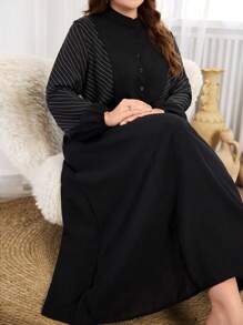 Al Najma 大码女式纯色简约阿拉伯风格连衣裙，休闲朴素长袖阿巴雅阿拉伯连衣裙，适合日常休闲 - 黑色 - 查看 1