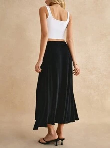 SHEIN Frenchy Split Thigh Button Front Skirt Winter Elegant Black Black - Black - View 4