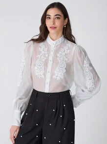 Enchnt Blusa elegante de manga larga con encaje y malla con estampado floral, para otoño