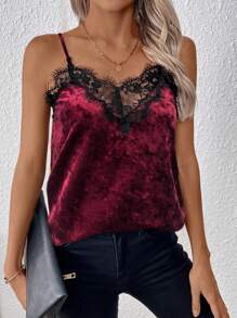 SHEIN Clasi Women Casual Lace Splicing Spaghetti Strap Camisole Top, Minimalist Design For Daily Wear