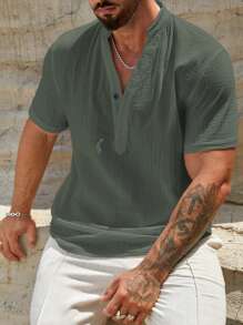 Manfinity VCAY Men Solid Notched Neck Shirt For Summer Vacation
