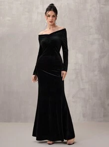 Coutiva 1pc Women's Formal Evening Gown Dress, Fashion Autumn And Winter Banquet Party New Year's Eve Festival Princess Socialite Elegant Internet Celebrity Popular Dress Daily Wear Elastic Sequin Fabric Dress, Formal Dinner Dance Dress, Christmas New Year's Eve, Wedding Guest Dress - Black - View 4