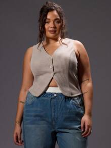 MUSERA Plus Size Knit Textured Button Up Tank Top For Break, Casual, Dailywear, Cool, Holiday Spring Summer - Brown - View 1