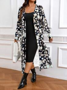 SHEIN LUNE 2pcs Plus Size Women Autumn Floral Print Long Sleeve Front Open Jacket And Dress Casual Suit Set - Multicolor - View 5