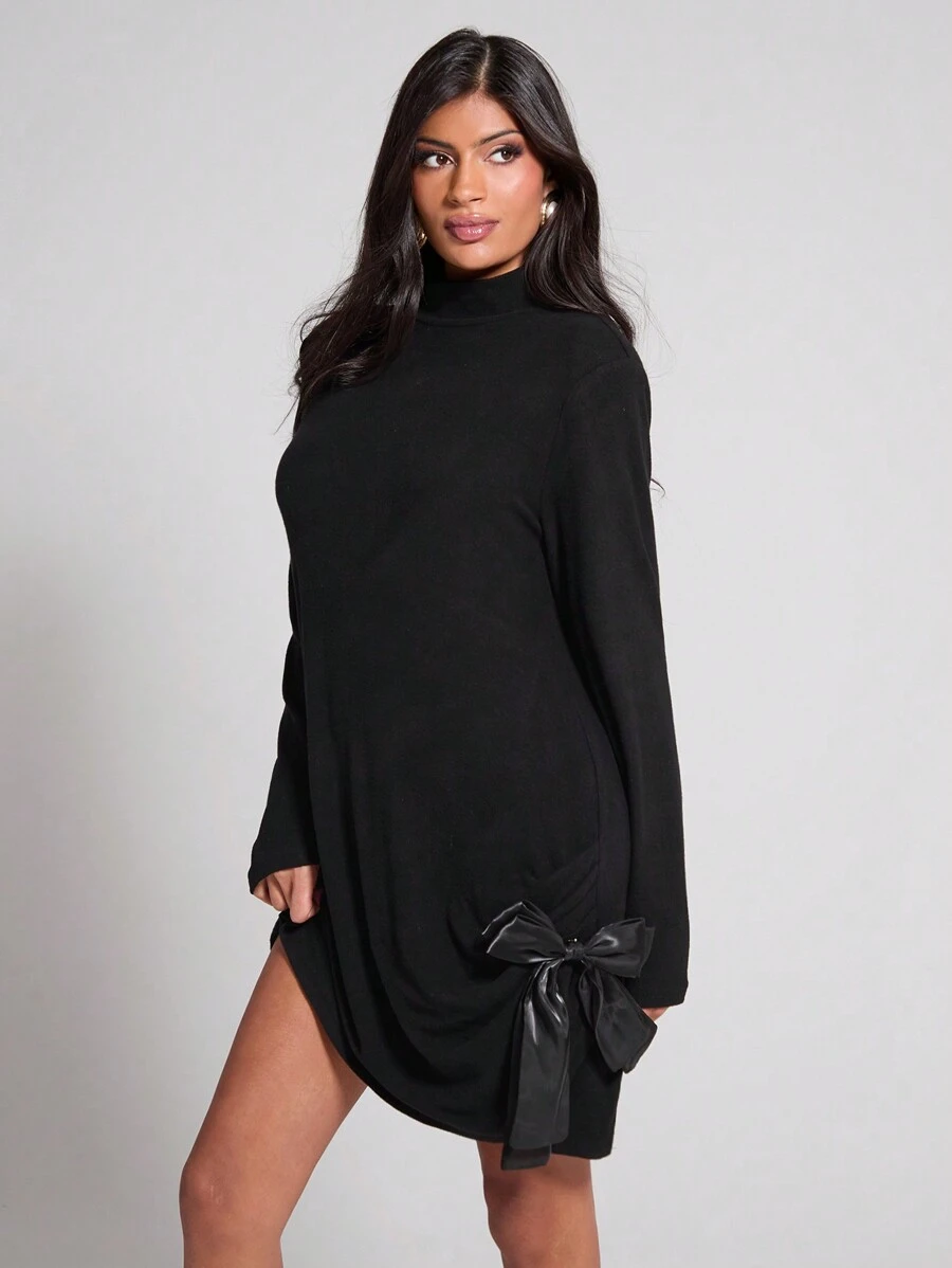 COSMINA Women's Autumn/Winter Black Bow Ruched Mini Dress
