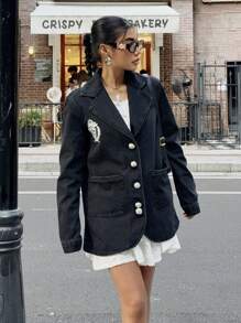 SHEIN EZwear 女士休闲牛仔夹克，长袖，黑色 - 黑色 - 查看 4