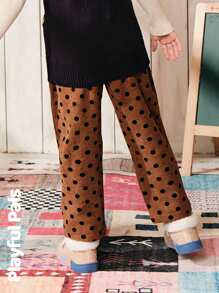 SHEIN 1件装 女童波点抓绒运动裤 可爱/复古/休闲/居家/户外 秋冬 - 摩卡棕 - 查看 2