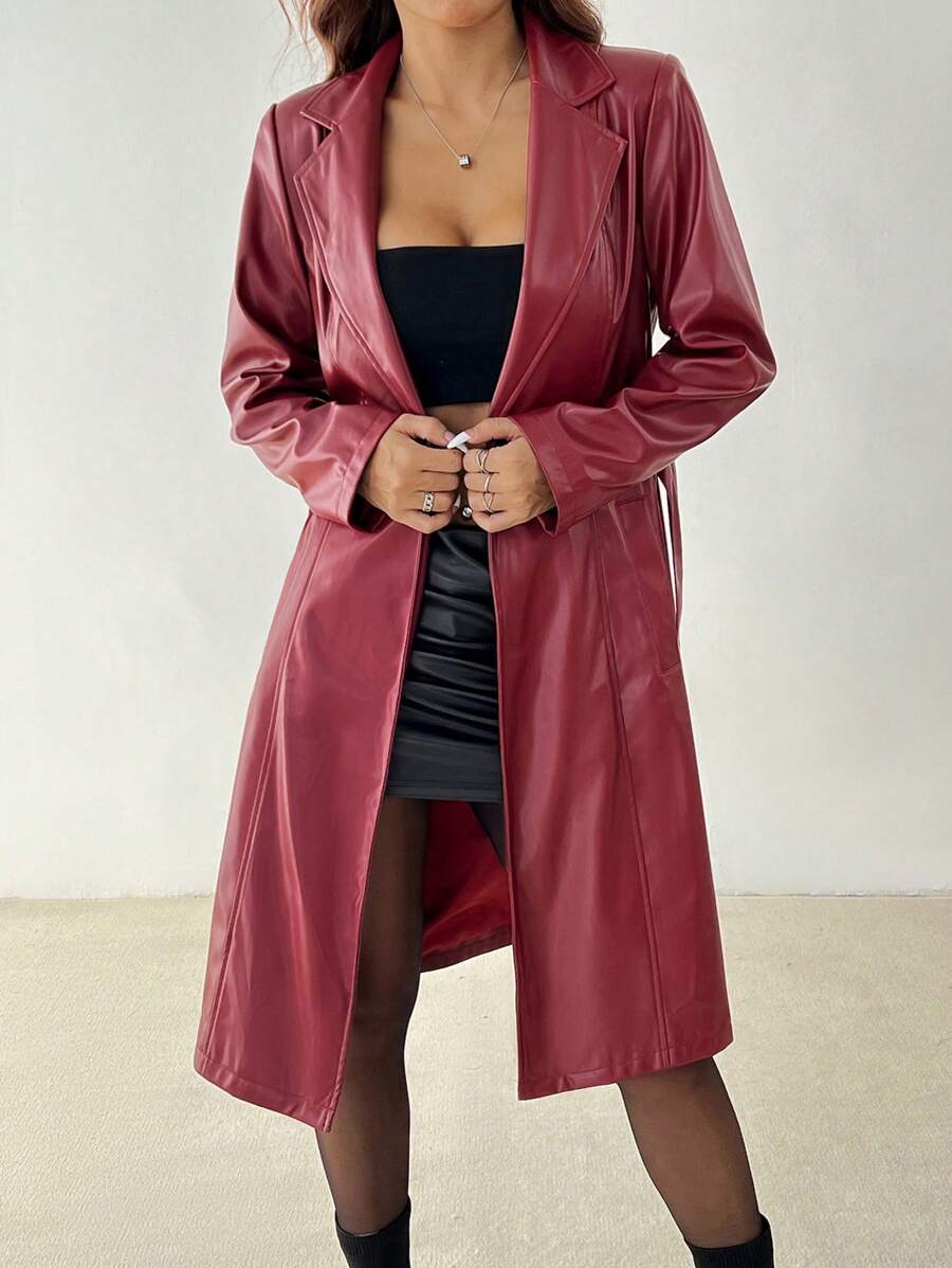 SHEIN PETITE New Warm Stand Collar Extra Long PU Jacket, Autumn/Winter ,Petite Women - Burgundy - View 1