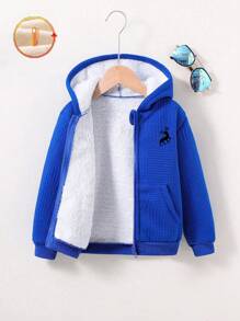 SHEIN Explorewe 男童休闲几何图案刺绣恐龙装饰卫衣，拉链设计，保暖内衬，秋冬季防风外套 - 藍色 - 查看 1