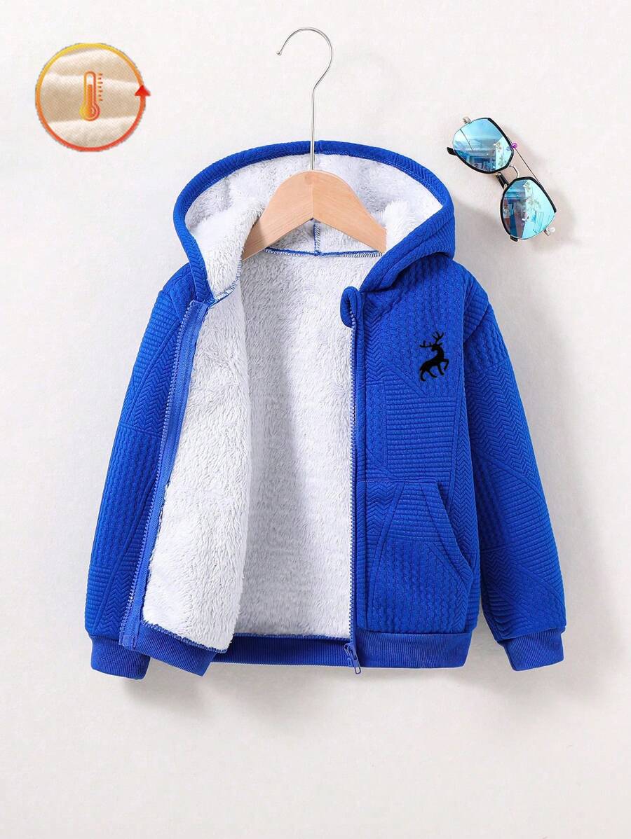 SHEIN Explorewe 男童休闲几何图案刺绣恐龙装饰卫衣,拉链设计,保暖内衬,秋冬季防风外套 - 藍色 - 查看 1