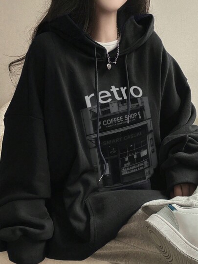 DAZY بلوزة نسائية بغطاء رأس مطبوعة بنمط فضفاضة مع جيوب، ملابس خريفية وشتوية