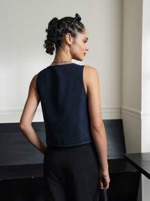 INAWLY Women Casual Solid Color Front Knot Loose Fit Tank Top, Summer - Navy Blue - View 2