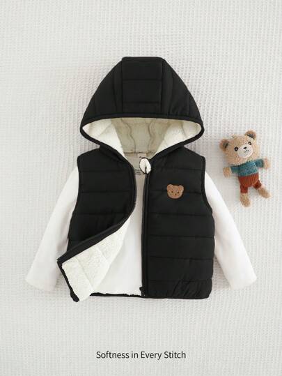Cozy Pixies Cartoon Bear Pattern Hooded Sleeveless Fleece Cardigan For Baby Boys,In Fall/Winter