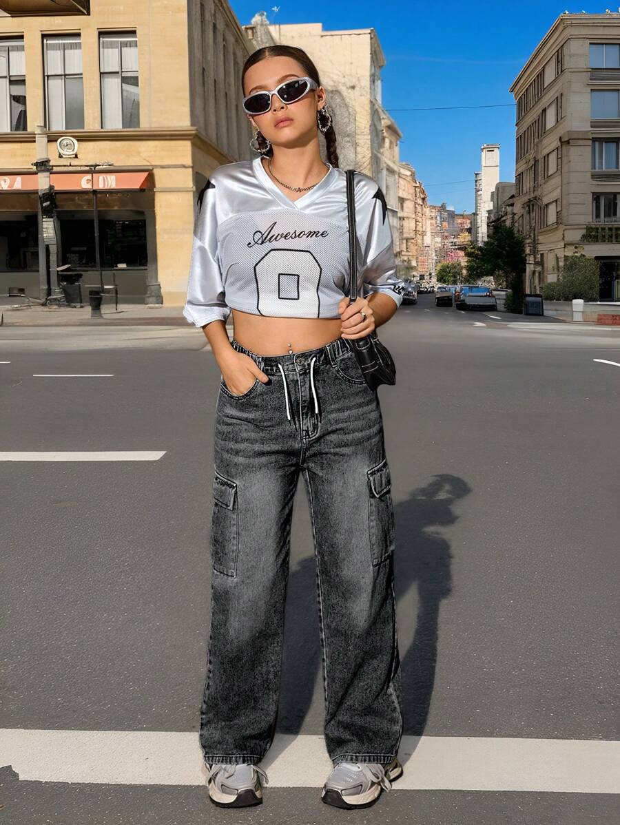 SHEIN Explorewe Quần jeans ống rộng có dây rút, cạp chun điều chỉnh, phong cách đường phố cổ điển, thoải mái, dành cho bé gái tuổi teen - màu đen - Xem 1