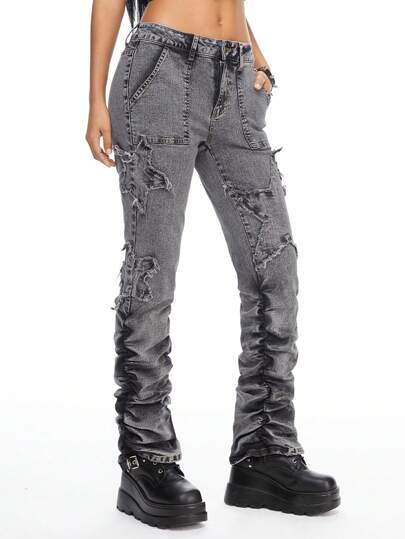 Grunge Punk Jeans pour femmes élastiqués ajustés avec un gradient d'étoiles vintage lavé gris-noir froissé